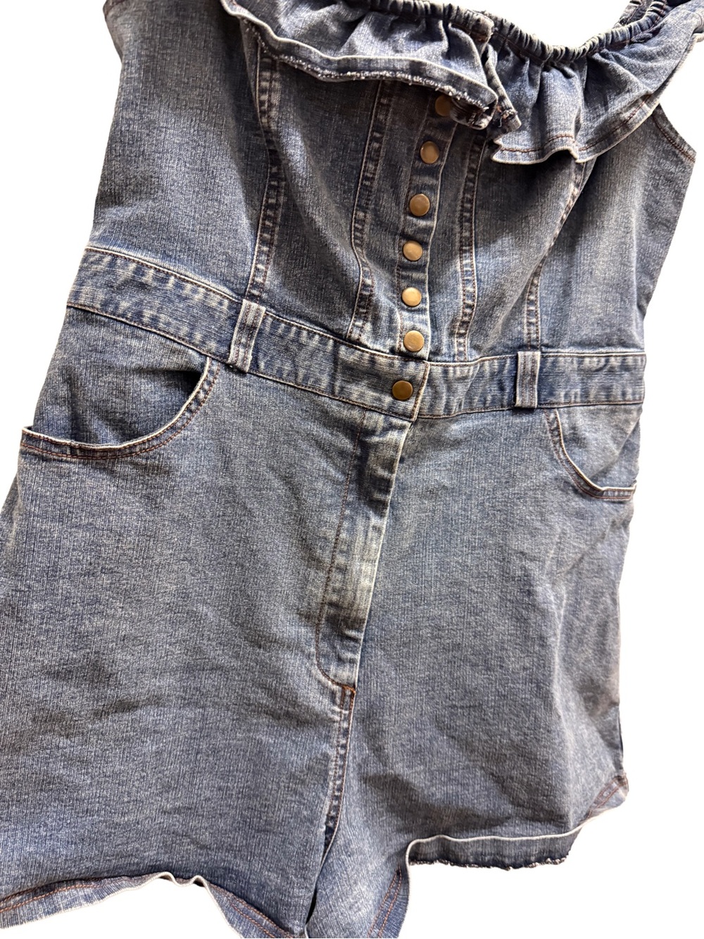 KIMCHI BLUE XL/16 Denim Ruffle Romper Jumpsuit Button Front